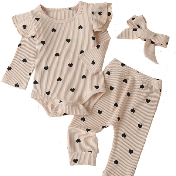 Other - 3-6 mo Tan Black Hearts Ribbed Baby Outfit Set with Tie Bow Leggings Onesie NWT